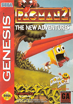 Cover art for the Namco game "Pac-Man 2 The New Adventures." The iconic Pac-Man character is depicted swinging on a red hang glider above a grassy landscape in this interactive cartoon-like experience. The title is displayed prominently with the SEGA and Namco logos, and the game is rated GA.