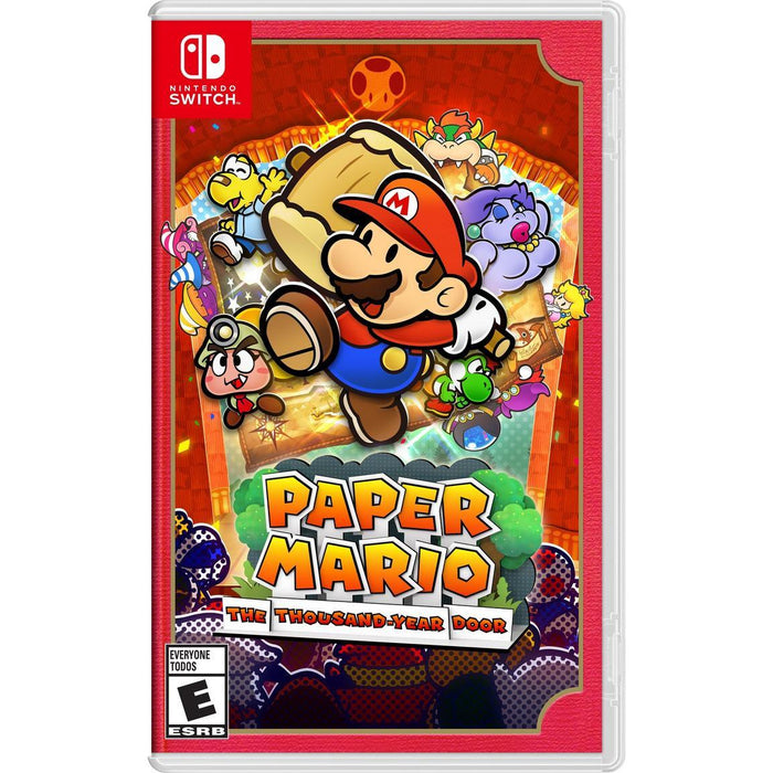 Cover art of *Paper Mario: The Thousand Year Door* for Nintendo Switch. It features RPG hero Mario holding a hammer, surrounded by characters like Goombella and Koops, set against a colorful, adventure-themed background with the game's title prominently displayed. Rated E for Everyone.
