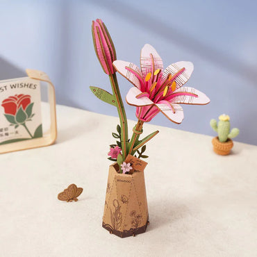 Rowood DIY Wooden Flower Bouquet 3D Wooden Puzzle - Pink Lily