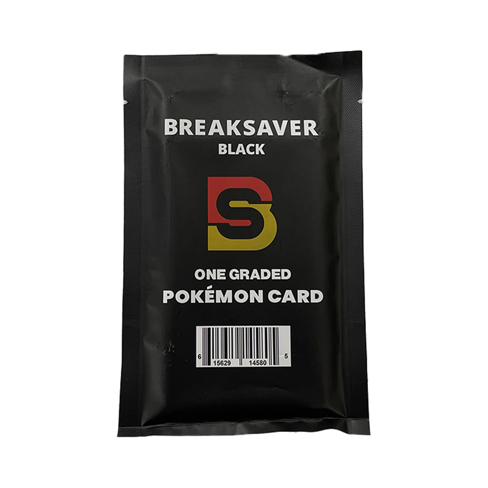 The sealed black package labeled "BREAKSAVER - BLACK - ONE GRADED POKEMON CARD" from BREAKSAVER LLC features a bold red and yellow "S" logo, offering the excitement of discovering one professionally graded Pokémon card inside. The white background accentuates the thrill, with a barcode at the bottom.