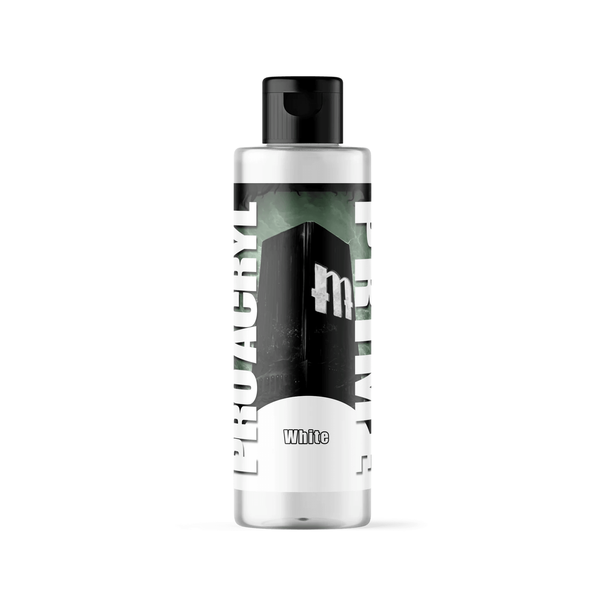 The clear plastic bottle with a black flip-top cap from Monument Hobbies contains Pro Acryl PRIME 003 - White, ideal for tabletop hobbies. A label shows 