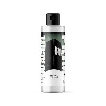 The clear plastic bottle with a black flip-top cap from Monument Hobbies contains Pro Acryl PRIME 003 - White, ideal for tabletop hobbies. A label shows "PRO ACRYL" on the left, "PRIME" on the right, and vibrant green and gray abstract graphics at the center to indicate color.