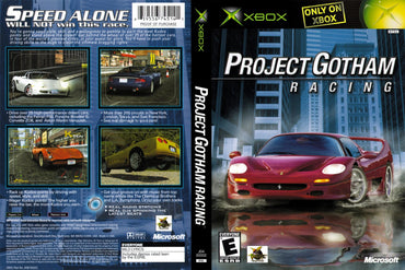 The cover of Everything Games' "Project Gotham Racing" for Xbox features a red sports car on city streets with reflections on wet pavement. The back showcases immersive gameplay, various car images, the Kudos system, descriptive text, and an "Only on Xbox" label.