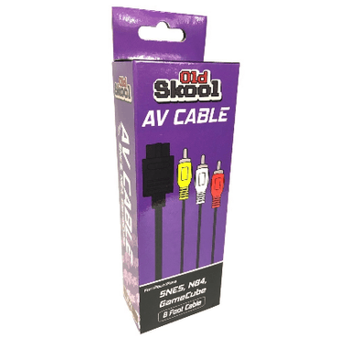 A high-quality purple box labeled "Old Skool AV CABLE GAME CUBE NINTENDO 64 SUPER NINTENDO (Bulk Packaging)" features an illustration of three color-coded plugs—red, white, and yellow—for composite audio and video. It boasts a 6-foot cable length with a small handle atop the packaging.