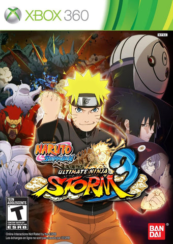 The cover of "Naruto Ultimate Ninja Storm 3 (Xbox 360)" by Everything Games features Naruto Uzumaki with a glowing fist, surrounded by Sasuke Uchiha, tailed beasts, and others. The Xbox 360 logo is on top, and the Bandai Namco and ESRB Teen rating are at the bottom.