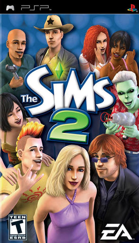 The cover of "The Sims 2" PSP by Everything Games features a vibrant array of virtual characters, such as a green-skinned alien wielding a ray gun and a dynamic red-haired woman. The title stands out in stylized text, accompanied by the logos for EA, Teen rating, and PlayStation. It's an essential simulation game experience!