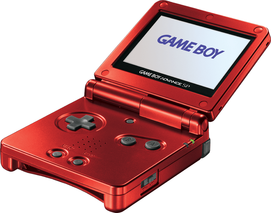 A red Nintendo Gameboy Advance SP handheld gaming console with its backlit screen flipped open. The display shows the text "GAME BOY" in blue. Featuring a directional pad, A and B buttons, and start/select buttons, the console's hinges seamlessly connect the screen to its main body.
