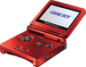 A red Nintendo Gameboy Advance SP handheld gaming console with its backlit screen flipped open. The display shows the text "GAME BOY" in blue. Featuring a directional pad, A and B buttons, and start/select buttons, the console's hinges seamlessly connect the screen to its main body.