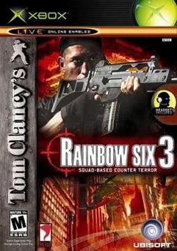 The cover art of "Rainbow Six 3" by Everything Games, a renowned tactical shooter for Xbox, showcases a soldier aiming a rifle in red and orange hues. The title is centered with "Tom Clancy's" on the left, alongside Xbox Live and Ubisoft logos.