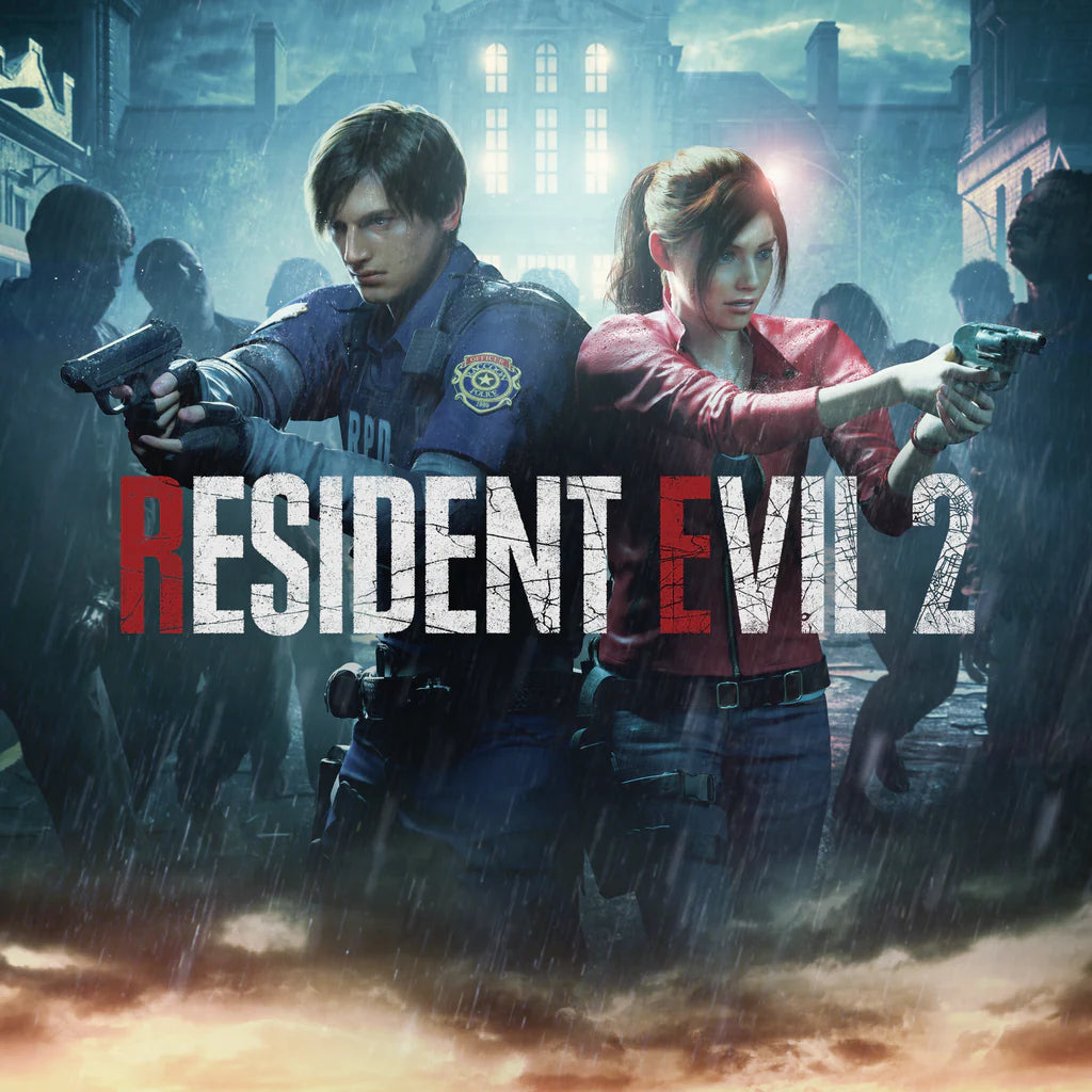 Leon S. Kennedy in his police uniform and Claire Redfield in her red shirt, both armed with guns, stand back-to-back amidst a zombie apocalypse. The title 