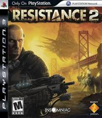 The "Resistance 2" cover for PlayStation 3 by Sony Studios shows a soldier with a huge weapon against the war-torn Golden Gate Bridge under a yellow-orange sky, hinting at an alien invasion. Logos include PlayStation and Insomniac, with an "M" rating for mature audiences.