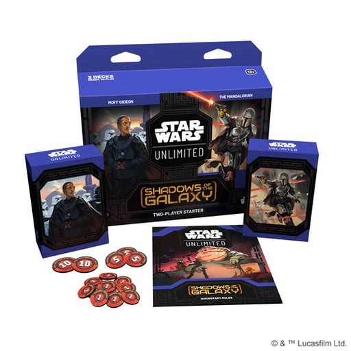 The image showcases the contents of the "Shadows of the Galaxy - Two-Player Starter" set by Fantasy Flight Games. It includes two decks in blue cases, small red tokens with numbers, and an illustrated rulebook. The packaging features characters from "The Mandalorian," including Moff Gideon.