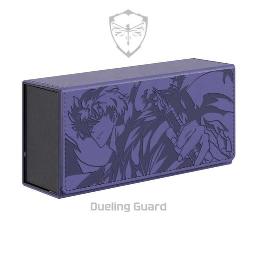 A rectangular, dark purple deck box titled "Solo Leveling Deck Box" by Dueling Guard featuring an embossed illustration of a character holding a bow and arrow. The vegan leather storage case has a textured surface with detailed artwork. A logo with a shield and butterfly emblem is above the product.