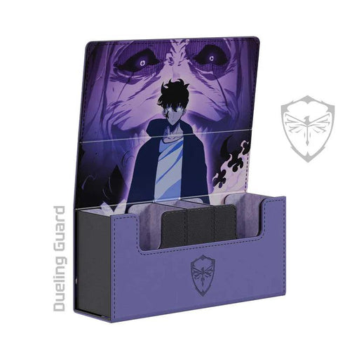 A purple and black Solo Leveling Deck Box by Dueling Guard is open to display a graphic of a dark-haired character in a cloak, standing in front of a menacing figure with glowing eyes in the background. The words "Dueling Guard" are printed next to the box, and a shield emblem is imprinted on the vegan leather surface.