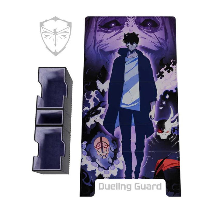 Image of a Solo Leveling Deck Box featuring an anime-style character in a long coat standing in a shadowy, mystical aura. The background includes dark, ghostly faces and ominous creatures. The product is titled "Solo Leveling Deck Box," with a logo displaying a shield and mask, paired with a sleek vegan leather deck box from Dueling Guard.