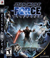 Cover of Lucasarts' "Star Wars: The Force Unleashed" for PlayStation 3. It features a character wielding a red lightsaber, using the Force to throw Stormtroopers in this action-adventure game. The title is prominently displayed in the background, with the PlayStation 3 logo on the left edge and the LucasArts logo at the bottom right.