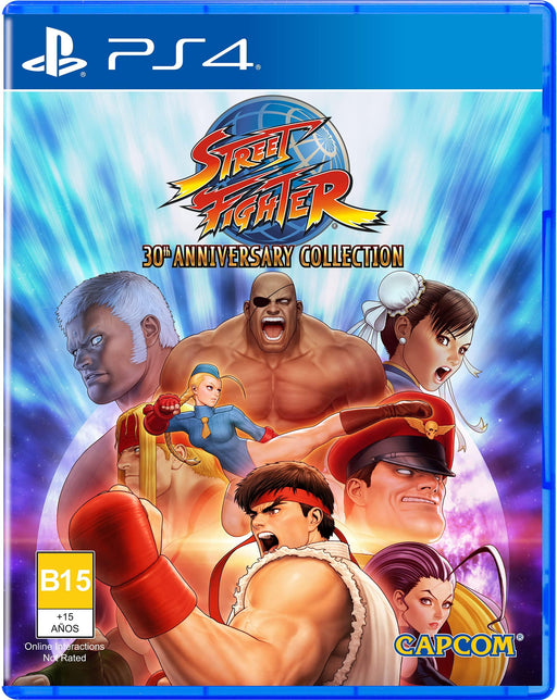 Cover art for PlayStation 4's "Street Fighter 30th Anniversary Collection" by Capcom. Features multiple characters from the classic Street Fighter titles, including Ryu in the foreground, and others in dynamic poses. The "Street Fighter" logo is prominently displayed. The Capcom logo and age rating "B15" are shown at the bottom.