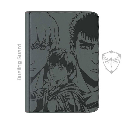 A gray tablet cover is adorned with black-and-white illustrations of three anime characters featuring serious expressions. One character is centered with shorter hair, flanked by two characters with longer hair on the left and one with spiky hair on the right. The Struggler Golden Age TCG Binder text and emblem are on the left, offering card storage for collectors from Dueling Guard.