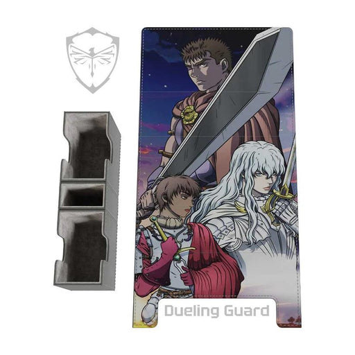 A colorful anime-style playmat features three characters: a young man holding an immense sword over his shoulder, a white-haired individual in armor, and a short-haired figure in red. The playmat is paired with **The Struggler Deck Box** by **Dueling Guard**, made of vegan leather, featuring a shield emblem and the text "Dueling Guard.