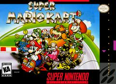 The cover of "Super Mario Kart" by Nintendo features Mario and friends racing in go-karts against a backdrop of a colorful track and blue sky. The bold title hints at an exciting multiplayer adventure, accompanied by the Super Nintendo logo and an ESRB rating of "KA.