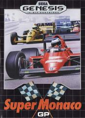 The box art for Sega's "Super Monaco GP" features arcade-style racing with a red car leading a yellow competitor on the track, set against a blurred crowd and framed by checkered flags at the bottom.