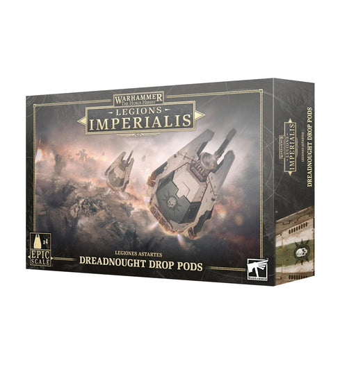 The image shows the box art for "LEGIONS IMPERIALIS: DREADNOUGHT DROP POD." The box features artwork of Palisade Drop Pods descending onto a battlefield. The design is black and gold with a logo and product information displayed on the front and sides.