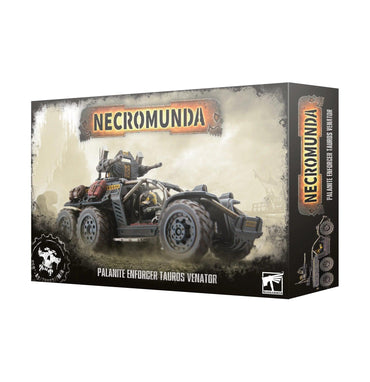 Games Workshop's "Necromunda: Palanite Enforcer Taurus Venator" kit box features an armored vehicle amidst an industrial scene. The "Necromunda" logo is prominent on top, while branding and details highlight the Palanite Enforcers' spirit along the sides.