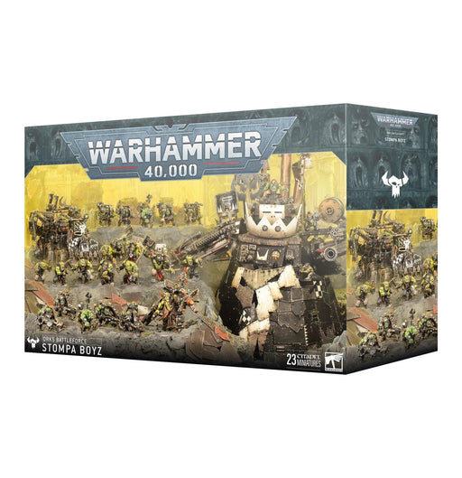 Games Workshop product titled "ORKS: BATTLEFORCE: STOMPA BOYZ." The cover art showcases numerous Ork miniatures, including a colossal Stompa figure and a Big Mek at the helm, surrounded by varied infantry units. The box text highlights "23 Citadel Miniatures," set against a war-torn landscape.