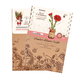 Two "Red Carnation" craft kits by Robotime are shown, with designs for a wooden bouquet. Packaging displays blooms in a vase and floral patterns on a brown background, highlighting creativity and leisure.