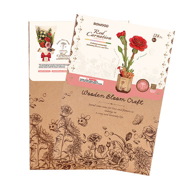 Two "Red Carnation" craft kits by Robotime are shown, with designs for a wooden bouquet. Packaging displays blooms in a vase and floral patterns on a brown background, highlighting creativity and leisure.