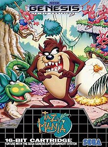 The cover of SunSoft's Taz-Mania for the Sega Genesis features Taz the Tasmanian Devil grinning mischievously in a vibrant jungle. A large cracked egg is visible amid lush plants and rocks, and the game's title logo is prominently displayed at the bottom.