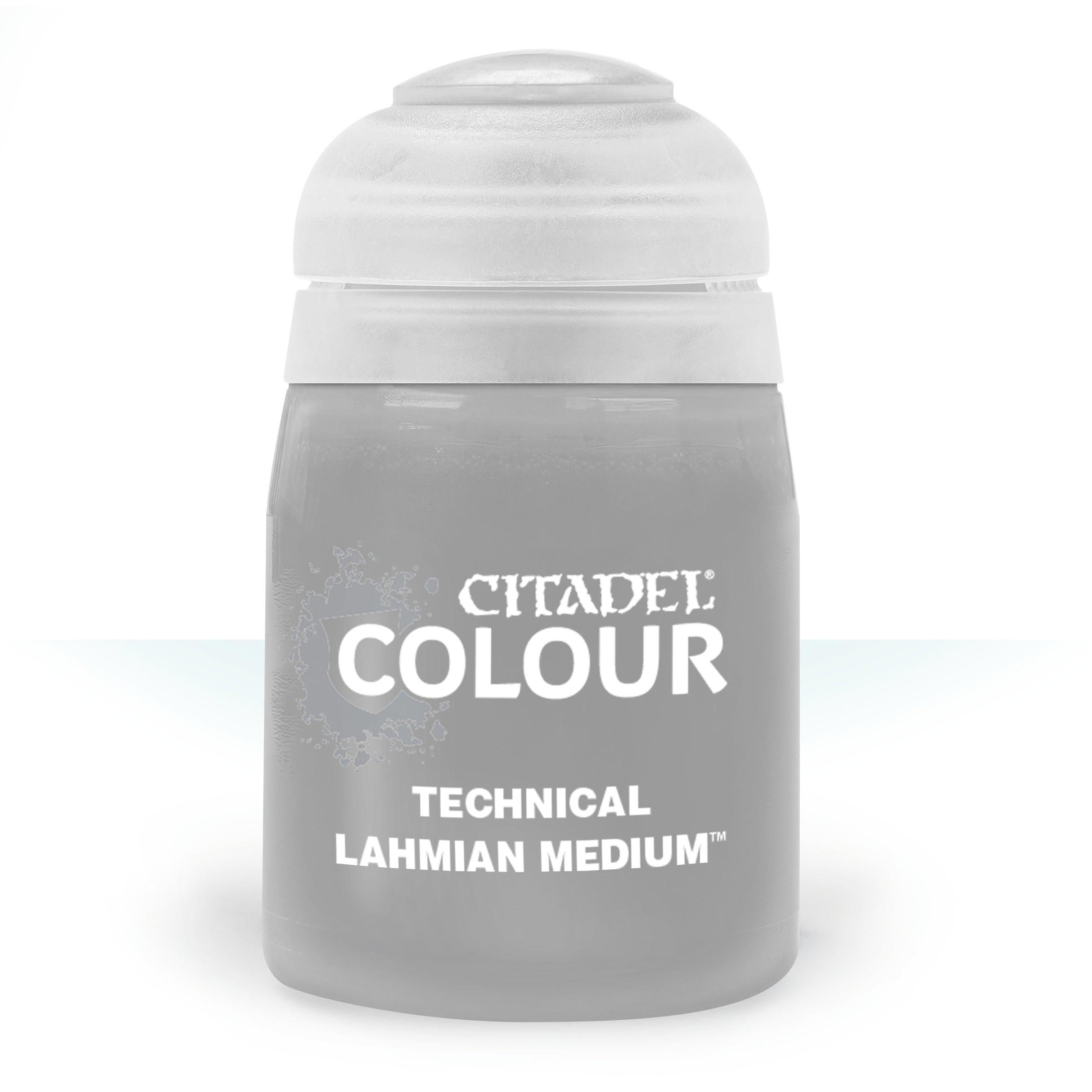 The image shows a bottle of Citadel Technical - Lahmian Medium, essential for miniatures. The cylindrical bottle with a white flip-top lid is semi-transparent gray with white text on the front that reads, 