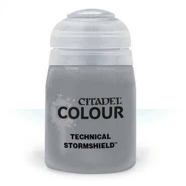 An image highlights a Citadel Technical - Stormshield paint pot, known for its special effects on miniatures. The mostly transparent container shows gray liquid inside, paired with a grayish-white flip-top lid and black text on the white backdrop.