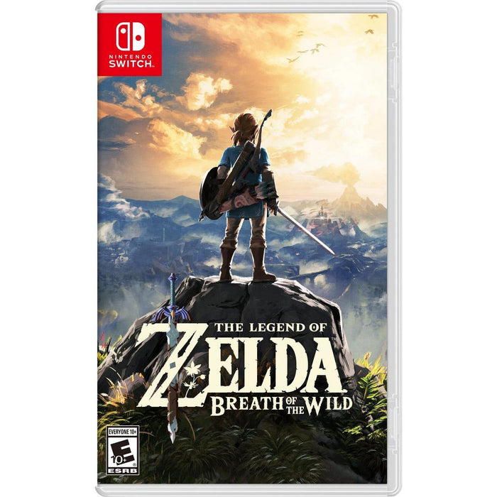 The Legend of Zelda: Breath of The Wild Nintendo game cover showcases protagonist Link standing on a rock, overlooking a vast, scenic landscape of mountains and fields. With sword, shield, and bow in tow, he epitomizes the spirit of an open-air adventure. The title logo is prominently displayed at the bottom.