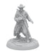 A highly detailed miniature figurine from the Fallout: Miniatures - Hollywood Heroes (Amazon TV Show Tie-In) by Modiphius, showcasing a rugged cowboy with a hat, long coat, and bandolier. He stands on a textured base with scattered debris, holding a weapon and additional gear on his back, embodying a stoic, ready-for-action pose.