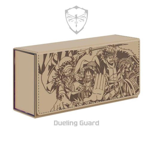A brown rectangular **Three Captains Deck Box** with an intricate design on one side depicting four animated characters in action poses. Above the box, there’s a shield with wings logo, and below it, the text "Dueling Guard" is displayed in grey. The box's edges are marked with dashed lines.