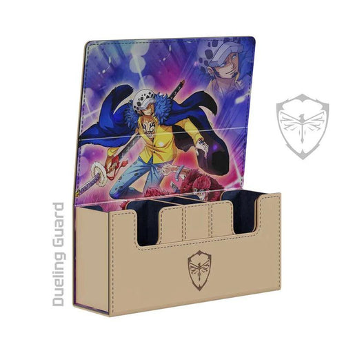 Image of a tan-colored Three Captains Deck Box by Dueling Guard featuring a vivid anime illustration on the inside cover. The illustration depicts two characters in dynamic action poses against a colorful background. The modular deck box has two compartments and is branded with the "Dueling Guard" logo in silver.