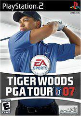 The "Tiger Woods PGA Tour 07" PS2 cover features a pro golfer in a blue shirt and cap swinging a club, the EA Sports logo at the center, PlayStation logo at the top right, with the bold game title prominently displayed below.