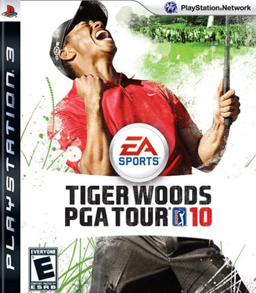 Cover of "Tiger Woods PGA Tour 10" on PlayStation 3 by EA Sports: features a golfer in a red shirt and black cap with a raised fist, set against a green golf course. Rated "E" for Everyone by ESRB.