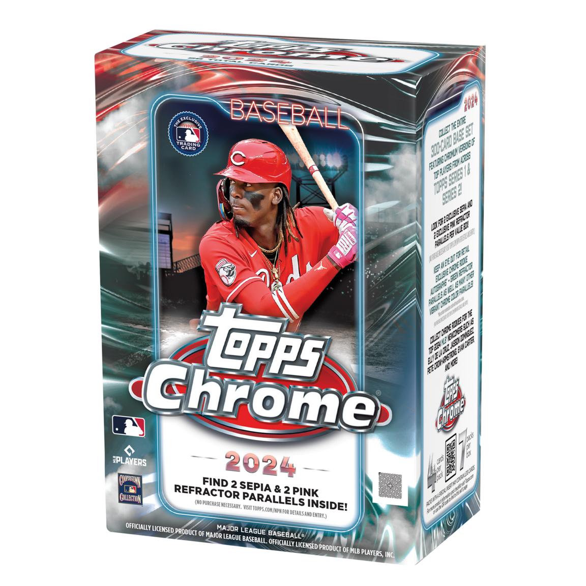 The 2024 Topps Chrome Baseball 7-Pack Blaster Box features a player in a red jersey and helmet holding a bat on the front. The box displays text that says, 