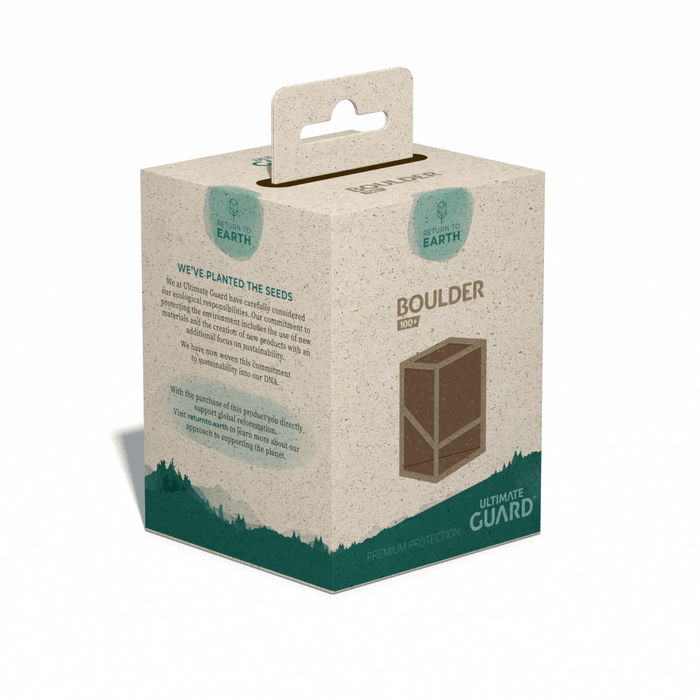 A beige, speckled cardboard box labeled "RETURN TO EARTH BOULDER BROWN" contains a sustainable deck case. The top has a hanging tab, and text on the box explains the FSC certified packaging. The bottom features a turquoise design with a forest silhouette and the "Everything Games" logo.