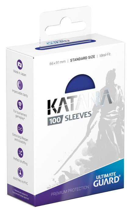 A package of Ultimate Guard Katana Card Sleeves Standard - Blue designed for intense tournament gameplay. The box is white and purple with black and purple text, featuring a samurai wielding a katana. Highlights include being made in Japan, impeccable clarity, durable sleeves suitable for tournaments, and an extra long lifespan.