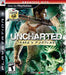 Cover of the PlayStation 3 game "Uncharted Drake's Fortune" by Naughty Dog. It features a man holding a rifle over his shoulder, standing amidst jungle foliage and ancient ruins. This action-adventure treasure hunt includes text such as "Only on PlayStation," "Greatest Hits," "Game of the Year," "Naughty Dog," and "Teen.