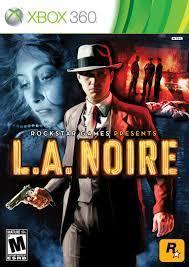 The cover of the Xbox 360 game "LA Noire" by Everything Games shows a detective in a suit and fedora with a gun, along with a woman's face and silhouettes of policemen. It displays the Rockstar Games logo and is rated "M" for mature audiences.