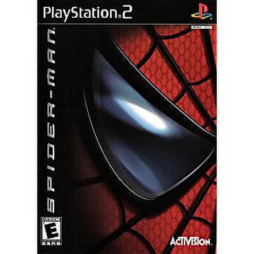 The cover of the Spider-Man game for PlayStation 2 by Everything Games features a close-up of Spider-Man's iconic red and black web-patterned mask, accentuating his white reflective eye. Highlighting his thrilling web-slinging abilities, the PlayStation logo is visible, along with its "E for Everyone" rating.