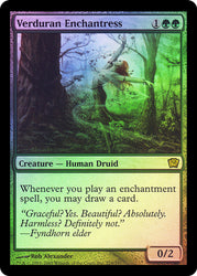 The "Verduran Enchantress" from Magic: The Gathering's Ninth Edition is a Human Druid card requiring 1 green and 2 colorless mana. With a mystical forest scene, this (0/2) creature allows extra card draws with each enchantment spell cast.