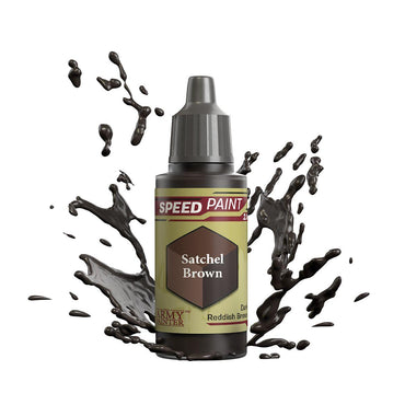 A bottle of Army Painter's Speed Paint 2.0 in "Satchel Brown" is centered, with a black dropper cap and beige label, surrounded by splashes of dark brown paint that convey motion and dynamic use.