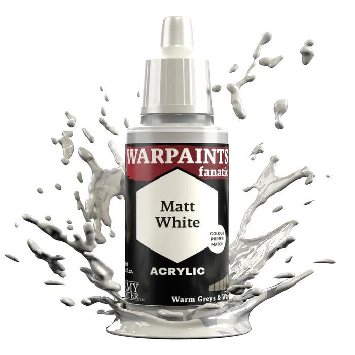 The image features an Army Painter's Warpaints Fanatic: Matt White bottle with a dark red and white design. Sealed cap, dynamic gray paint splashes surround it. The label highlights 