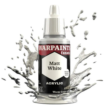 The image features an Army Painter's Warpaints Fanatic: Matt White bottle with a dark red and white design. Sealed cap, dynamic gray paint splashes surround it. The label highlights "Warm Greys & White," emphasizing its versatile acrylic paint quality.