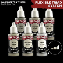 Image of six Warpaints acrylic paint bottles in warm grey tones: "Grey Castle," "Gargoyle Grey," "Great Hall Grey," "Worn Stone," "Brainmatter Beige," and standout favorite, Army Painter's Warpaints Fanatic: Matt White. A color gradient graphic displays alongside the text: “Flexible Triad System.”.